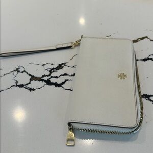 Tory Burch Cream Wristlet with Gold Accents